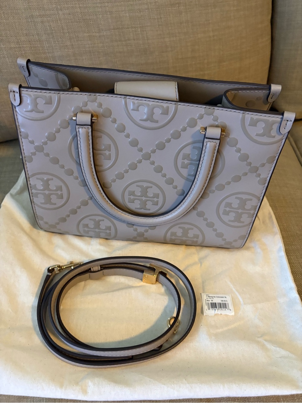 Tory Burch Gray Logo Embossed Shoulder Tote